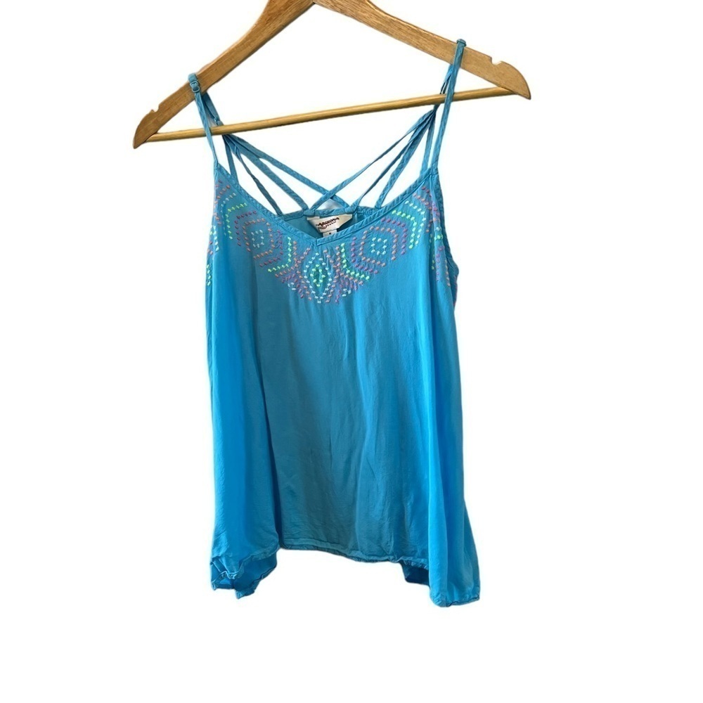 ARIZONA JEANS Turquoise Blue Embroidered Front Spaghetti Strap Lightweight Top M